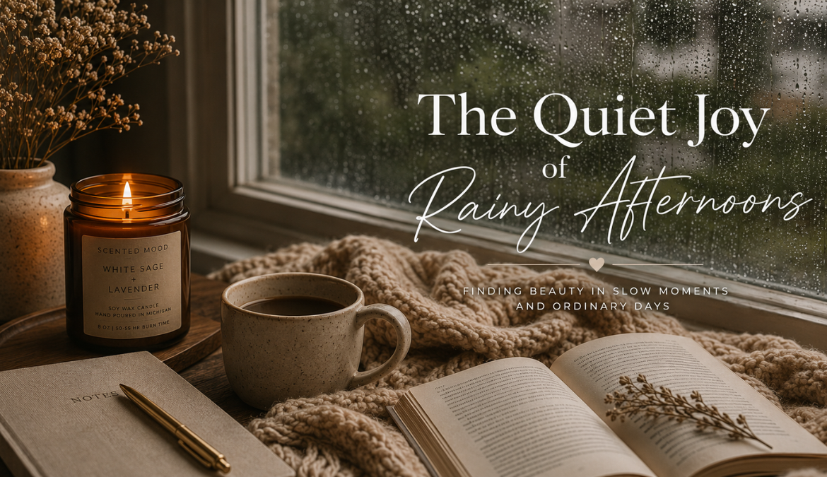 Rainy window with coffee and book.