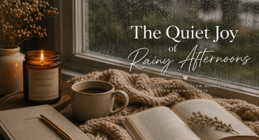 The Quiet Joy of Rainy Afternoons Rainy window with coffee and book.