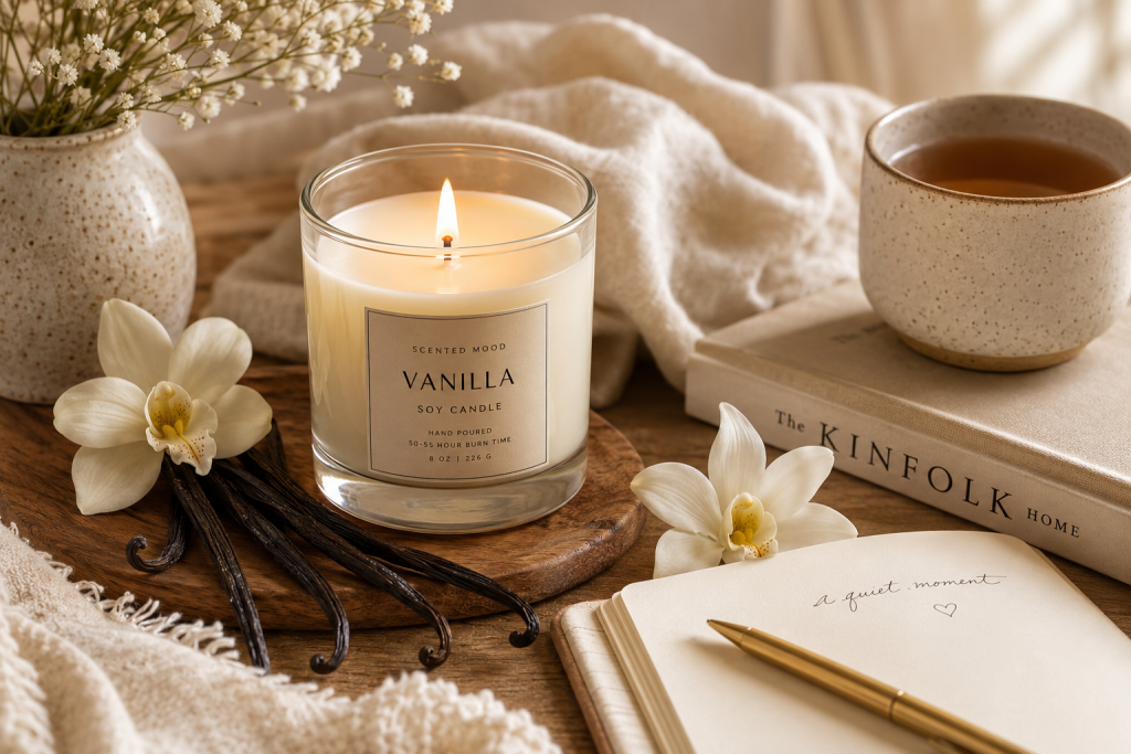 Why Vanilla Is One of the World's Most Loved Fragrances A cream-colored soy candle burning beside vanilla beans, white flowers, a linen cloth, and a warm cup of tea on a wooden table with soft morning light.