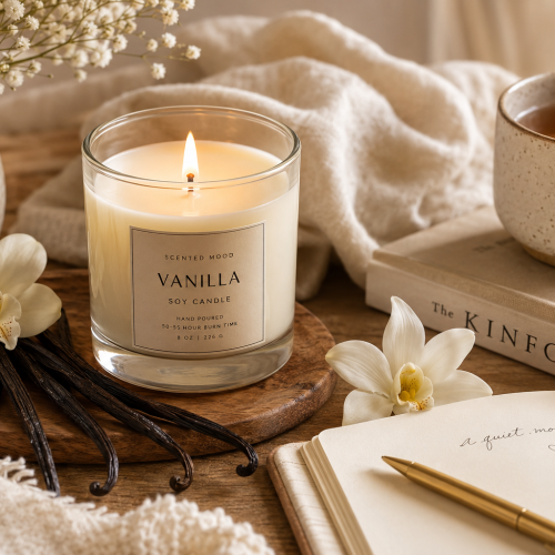 Why Vanilla Is One of the World's Most Loved Fragrances A cream-colored soy candle burning beside vanilla beans, white flowers, a linen cloth, and a warm cup of tea on a wooden table with soft morning light.