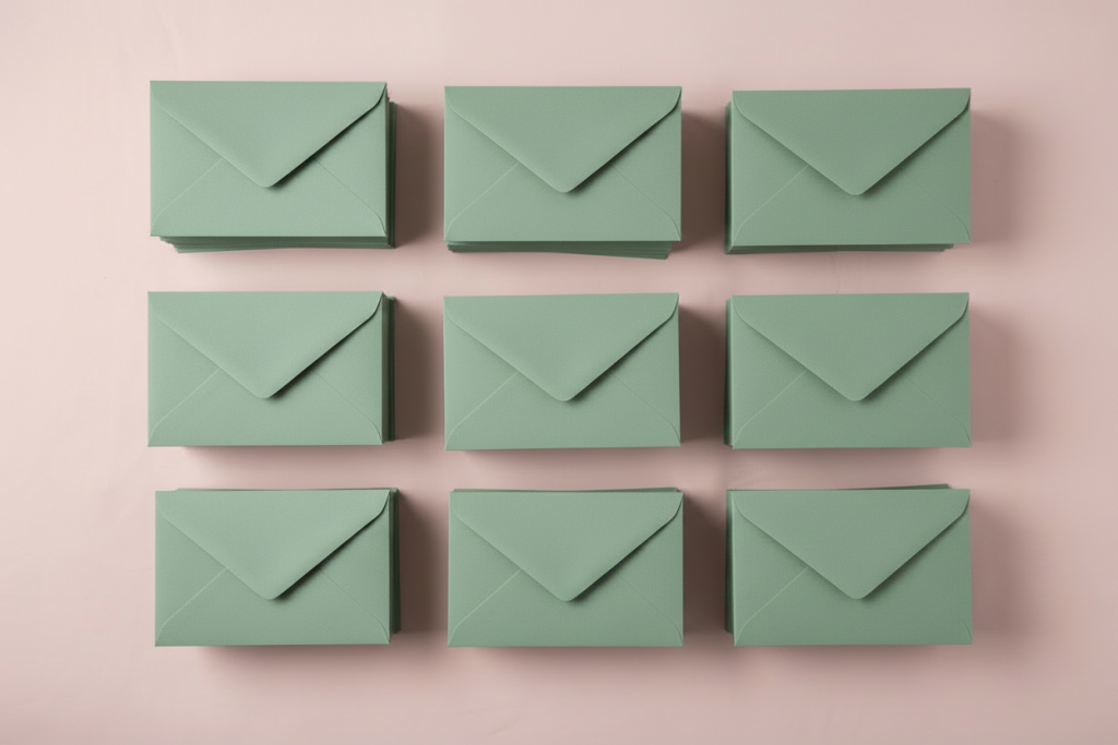 stacked sage green envelopes