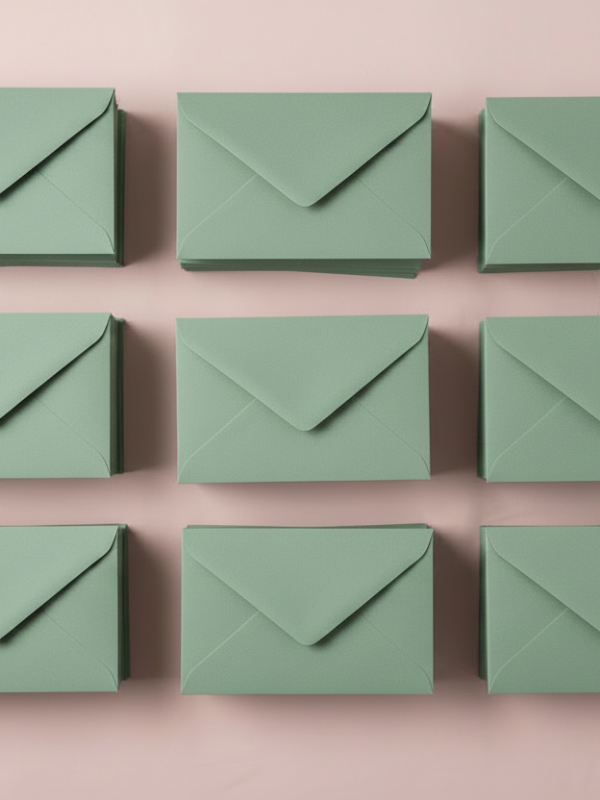 stacked sage green envelopes